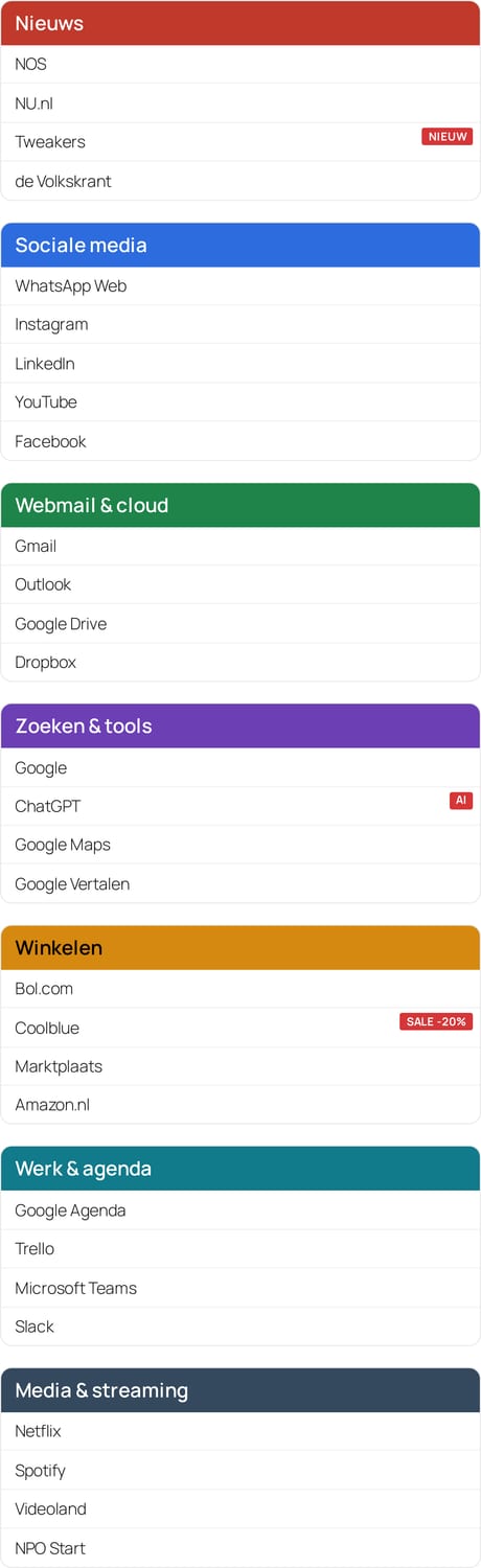 Startpagina op mobiel: rubrieken netjes in één kolom.