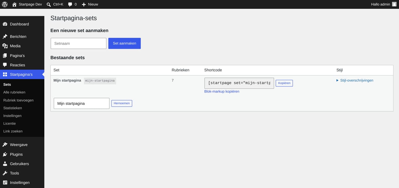 Sets-scherm met shortcode, blok-markup en stijl-overschrijvingen.